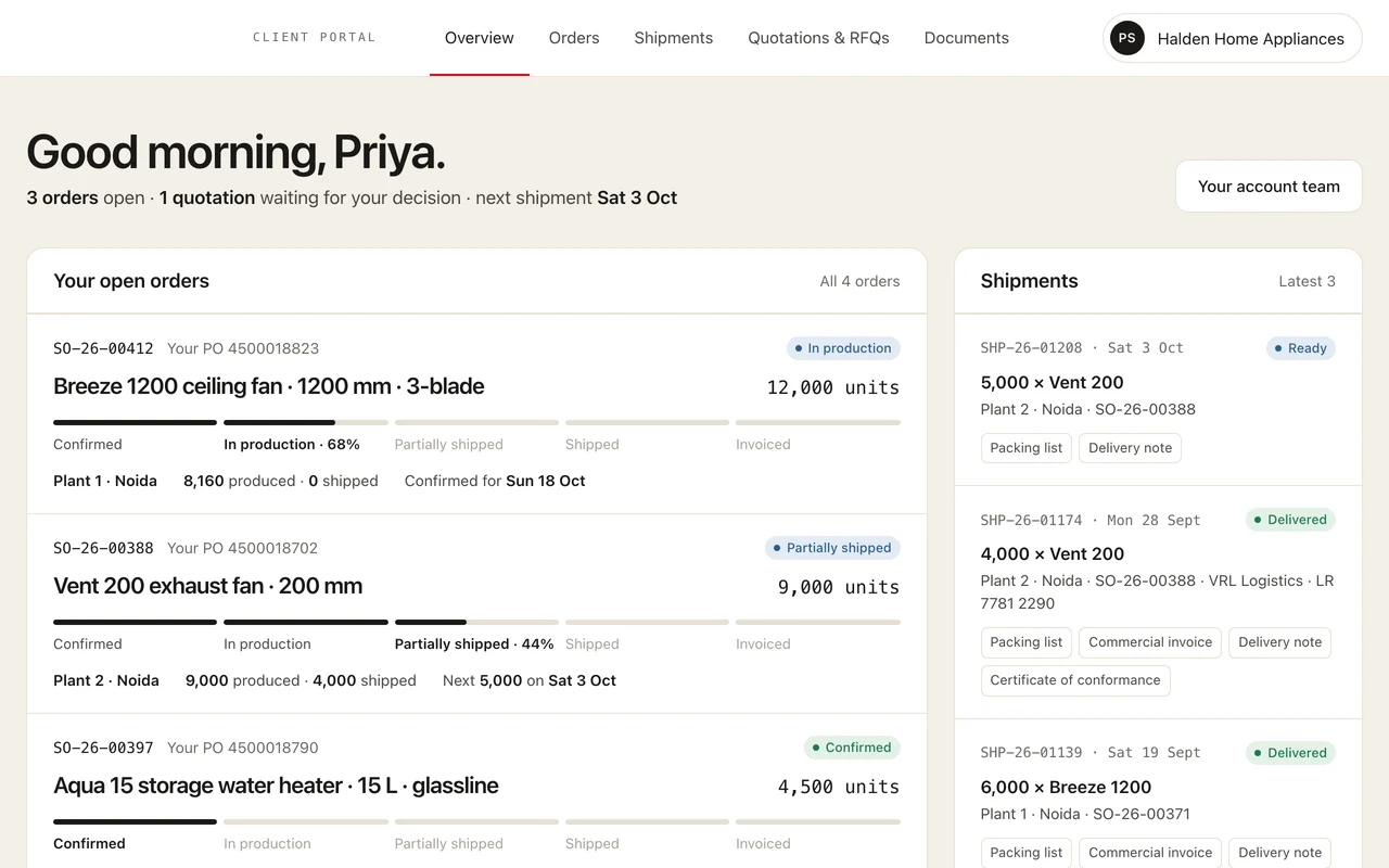 A customer login: open orders with production progress, and shipments with their documents