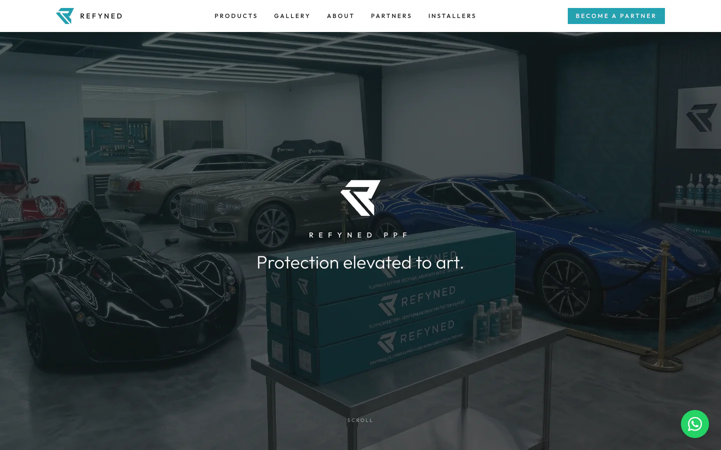 The refynedppf.com homepage on a desktop: the Refyned PPF mark and the line Protection elevated to art over a studio of film-protected cars.
